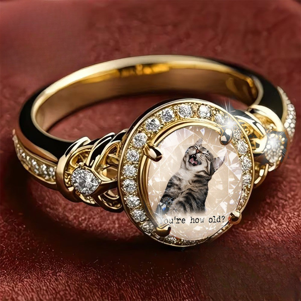 Yawning Cat Crystal Ring