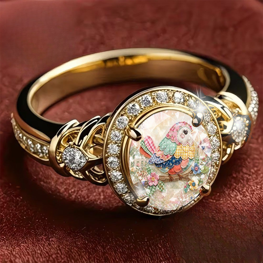 Colorful Bird Branch Oval Ring