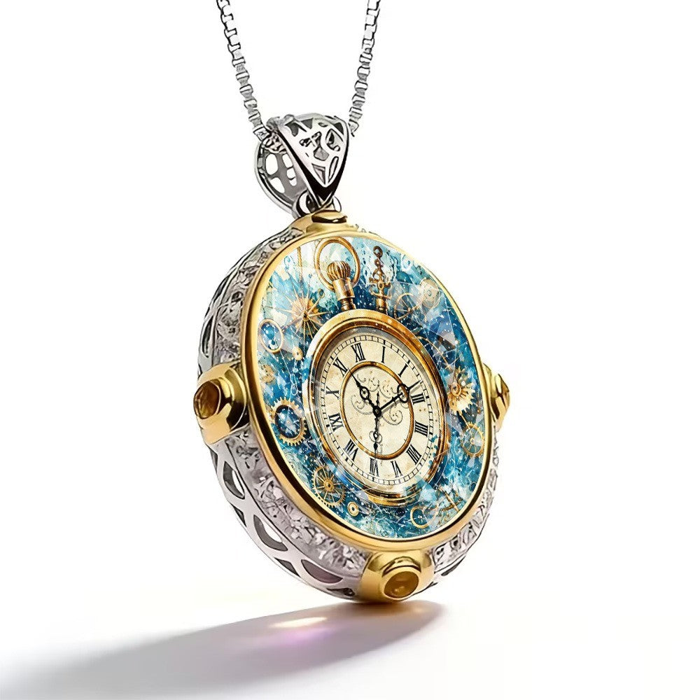 Blue Gear Clock Pendant Necklace