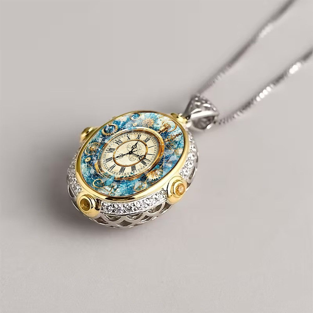 Blue Gear Clock Pendant Necklace