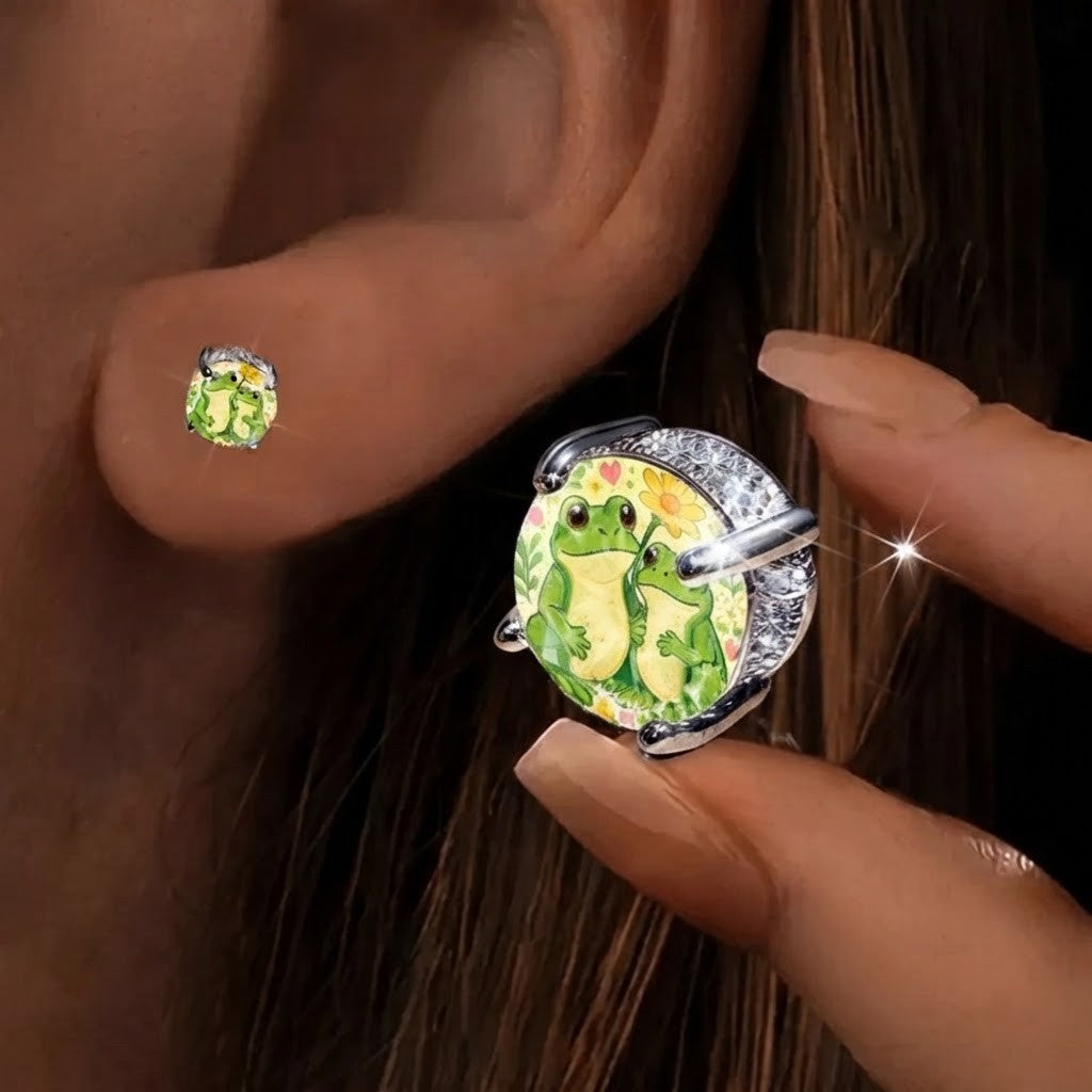 Frog & Floral Glass Dome Stud Earrings