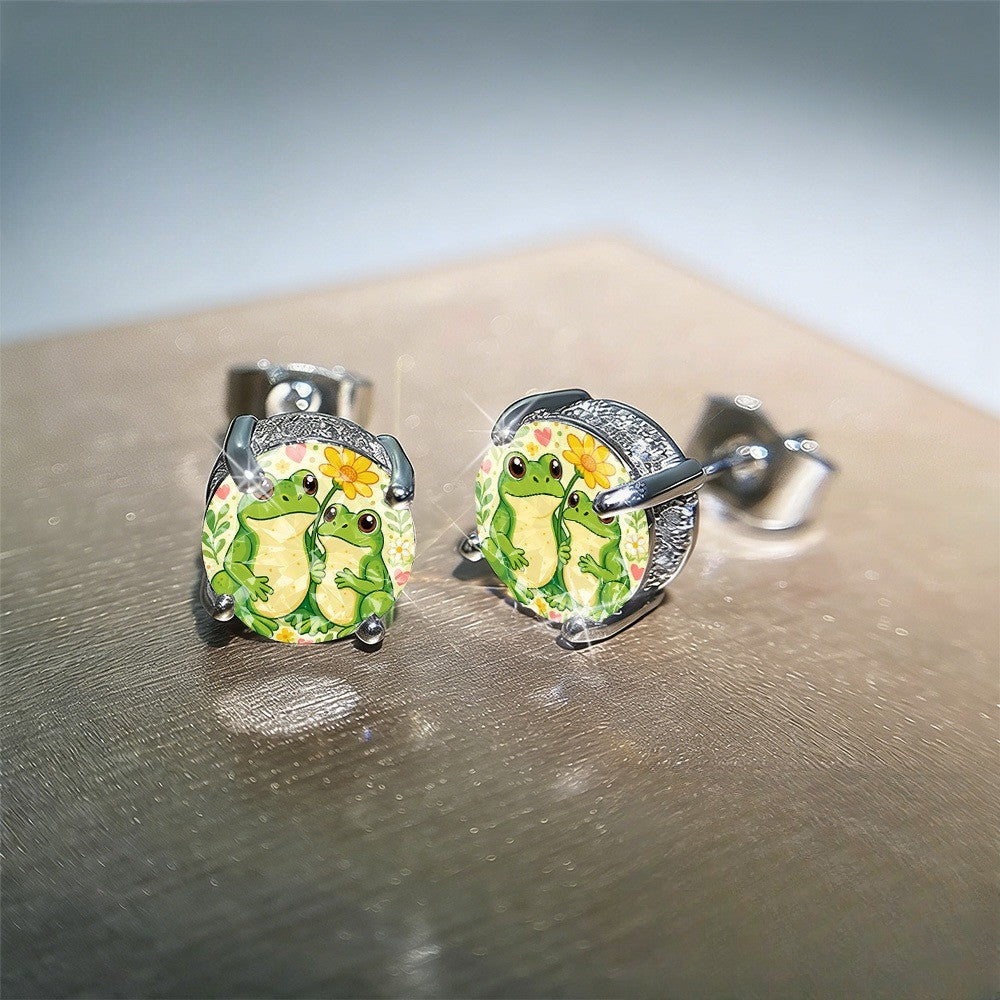 Frog & Floral Glass Dome Stud Earrings
