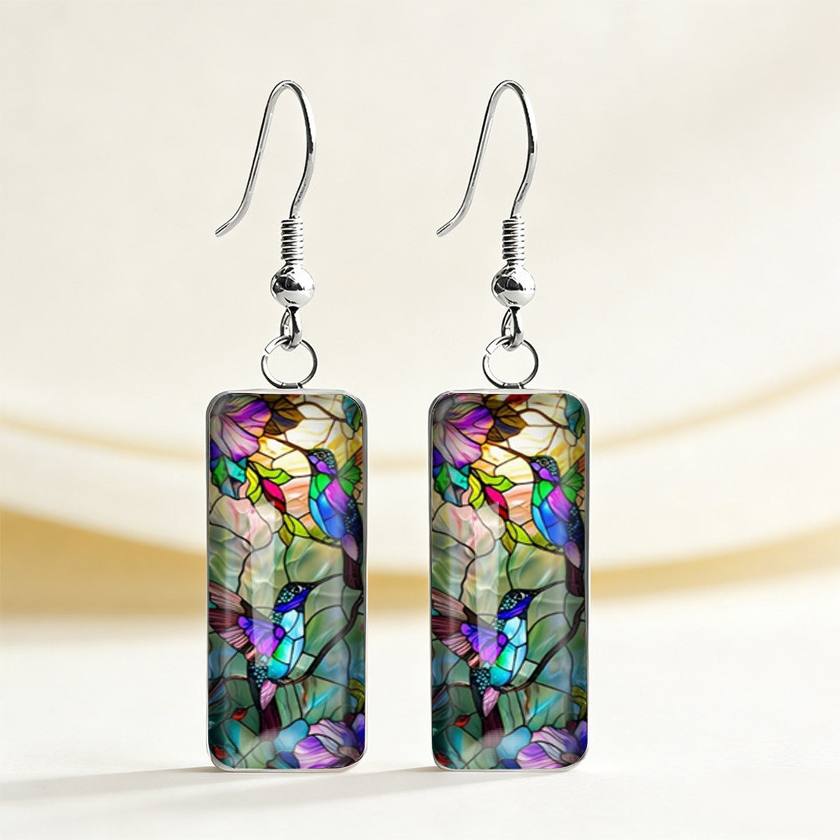 Hummingbird Mosaic Glass Rectangle Earrings