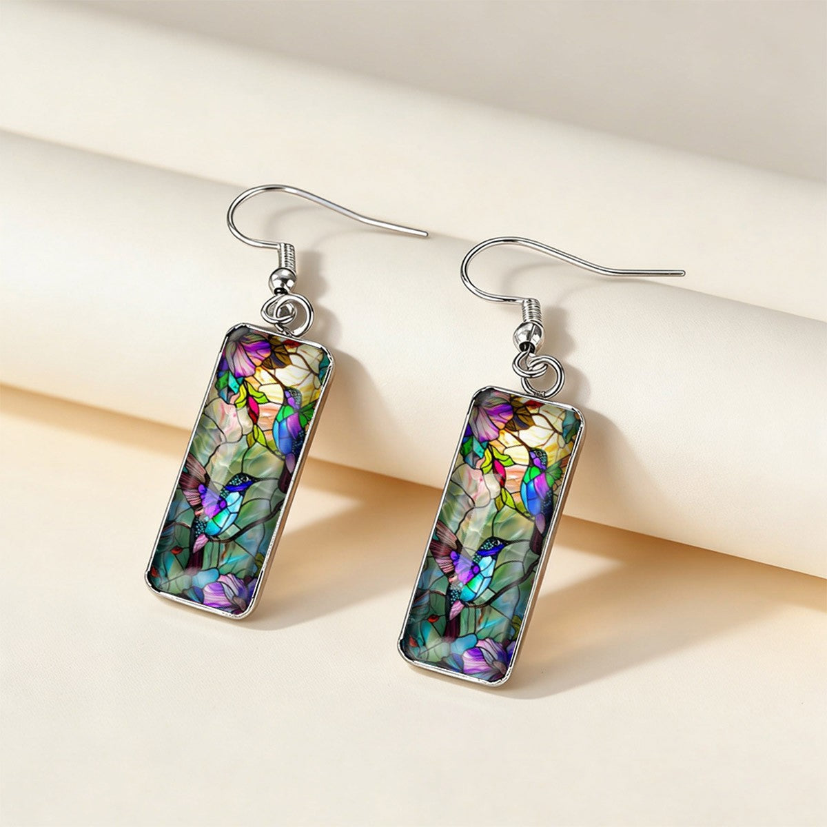 Hummingbird Mosaic Glass Rectangle Earrings