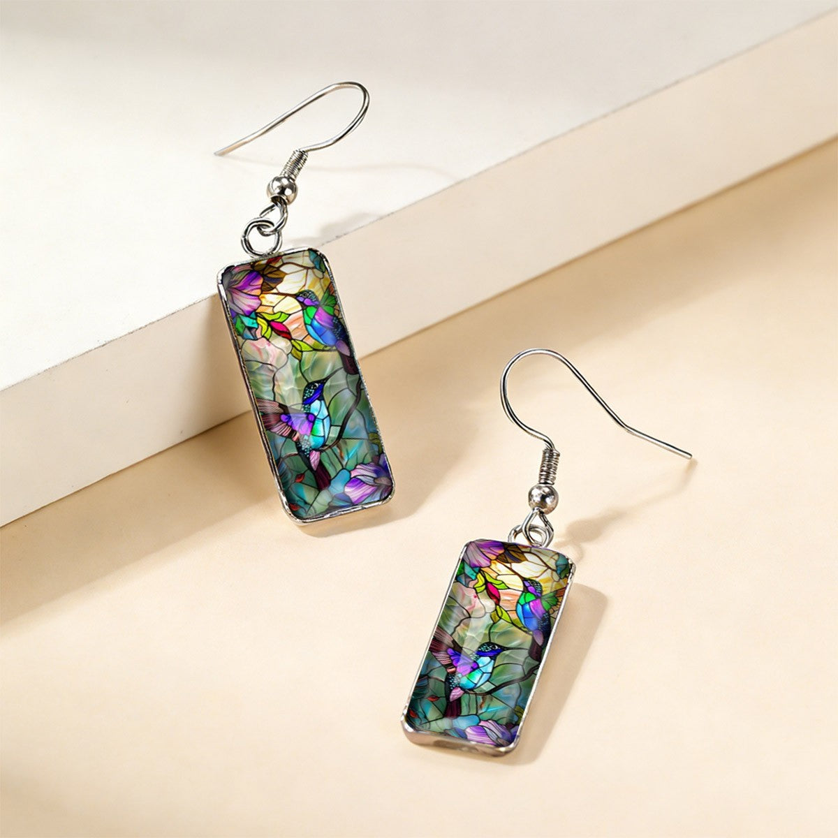 Hummingbird Mosaic Glass Rectangle Earrings