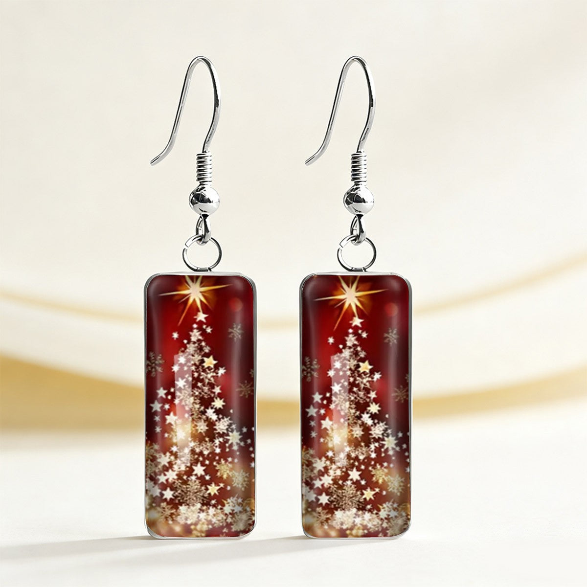 Red Starlight Christmas Tree Rectangular Earrings