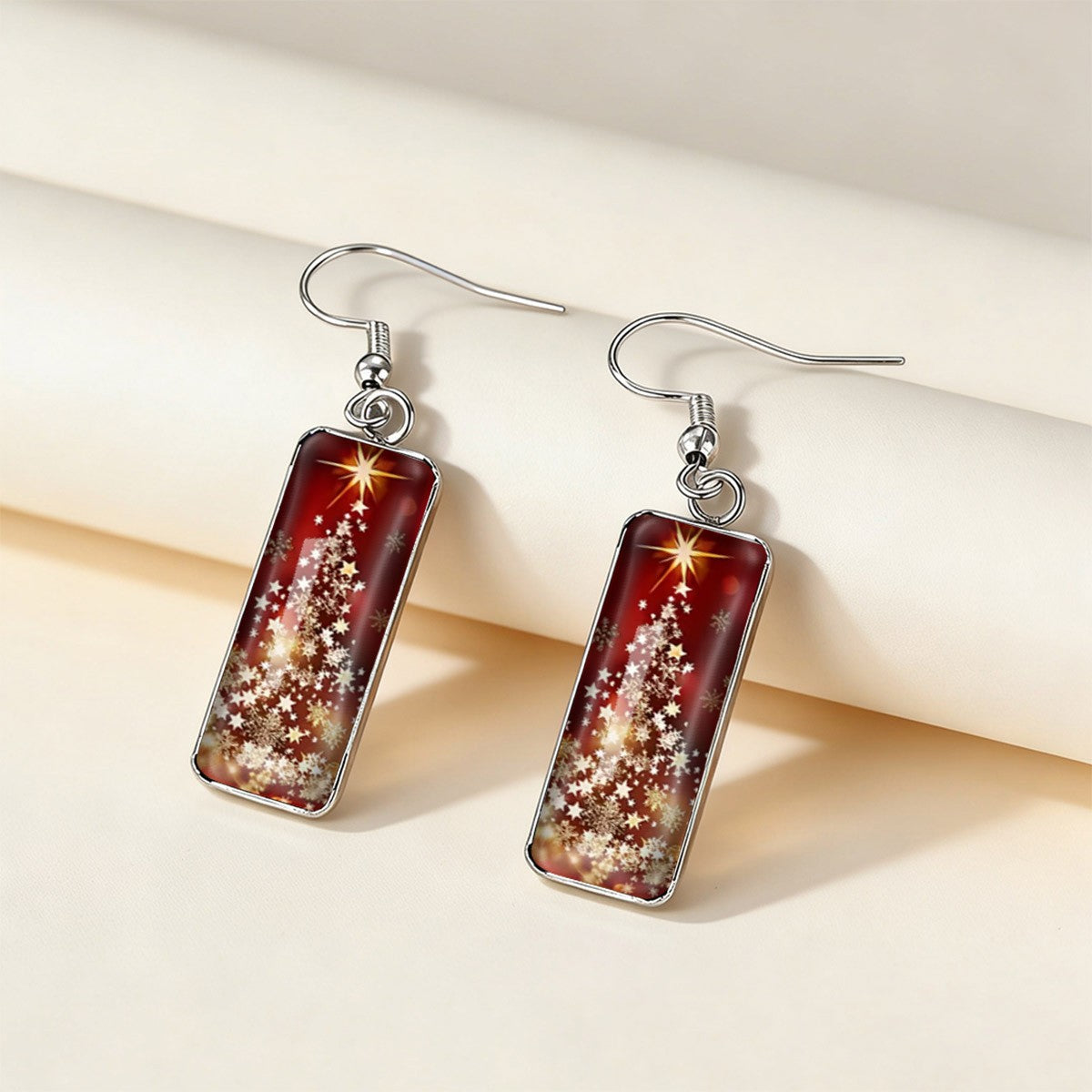 Red Starlight Christmas Tree Rectangular Earrings