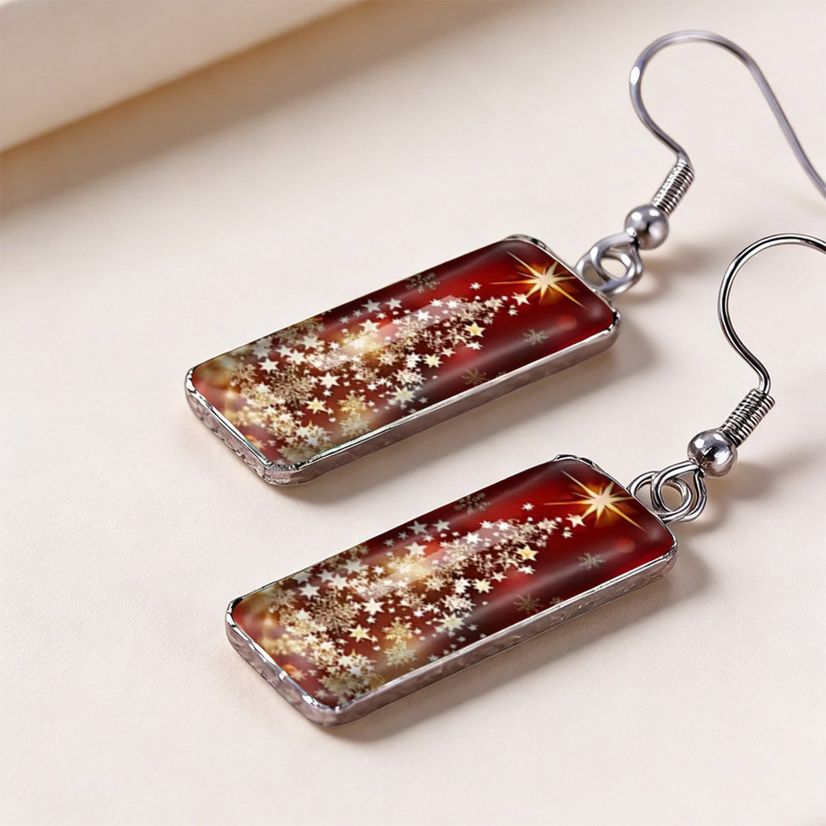 Red Starlight Christmas Tree Rectangular Earrings