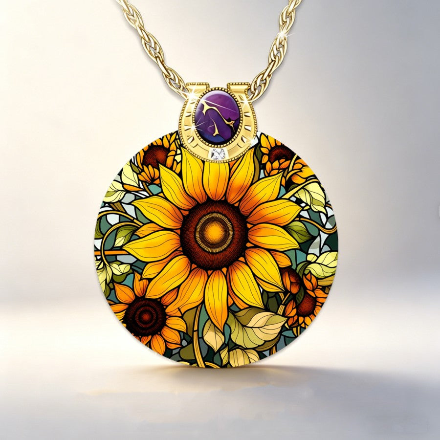 Sunflower Stained Glass Round Pendant Necklace