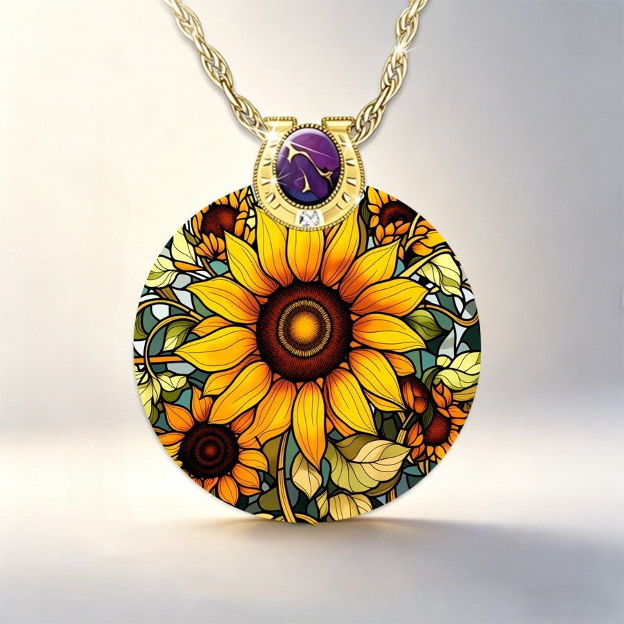 Sunflower Stained Glass Round Pendant Necklace