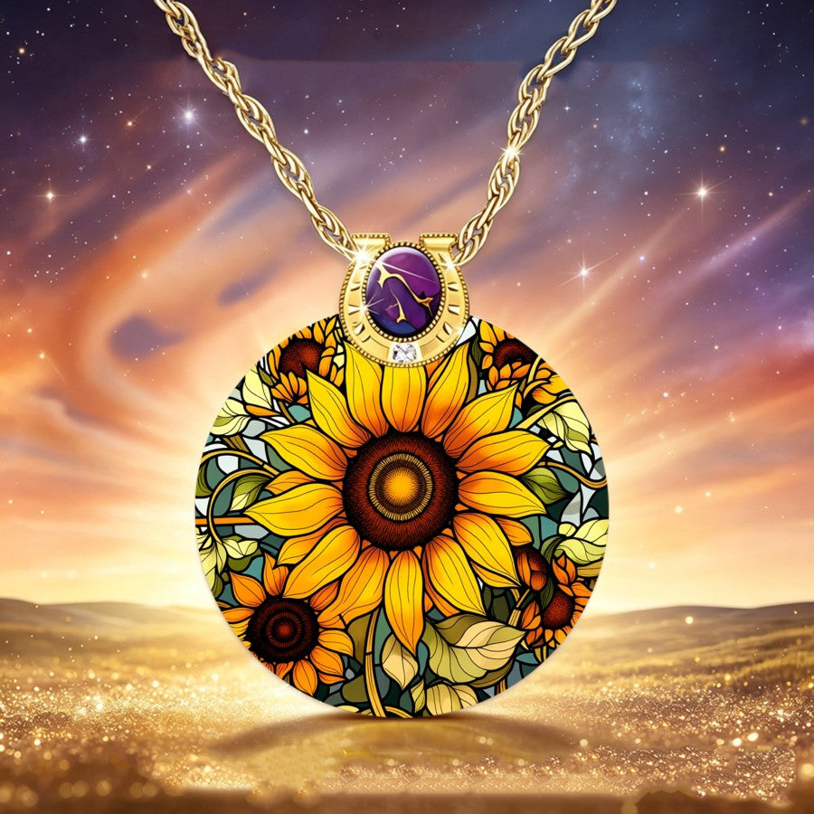 Sunflower Stained Glass Round Pendant Necklace