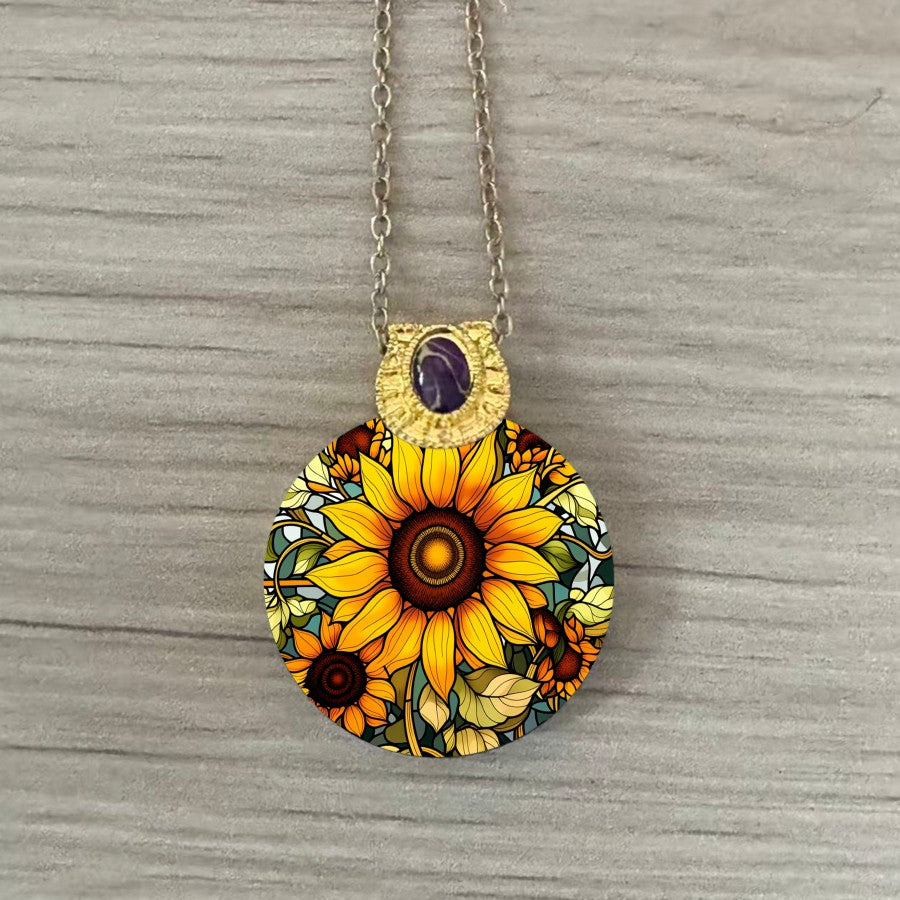 Sunflower Stained Glass Round Pendant Necklace