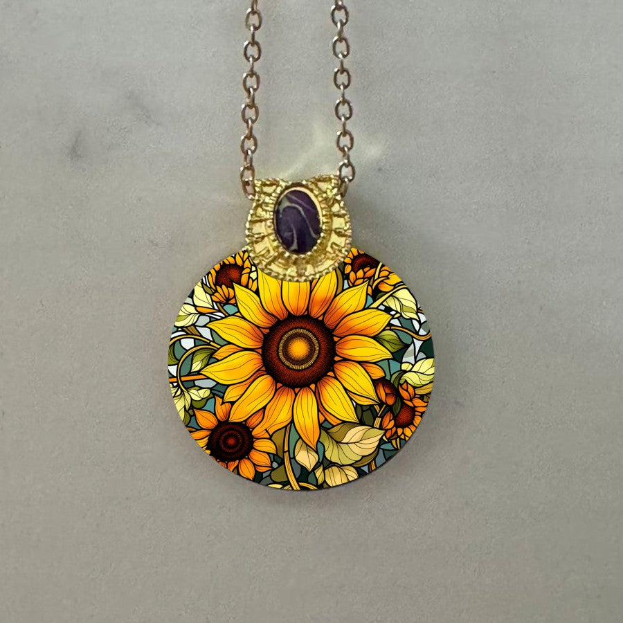 Sunflower Stained Glass Round Pendant Necklace