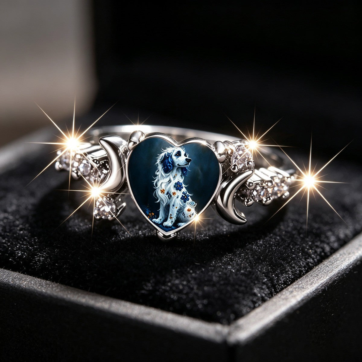 Blue Floral Dog Heart Ring