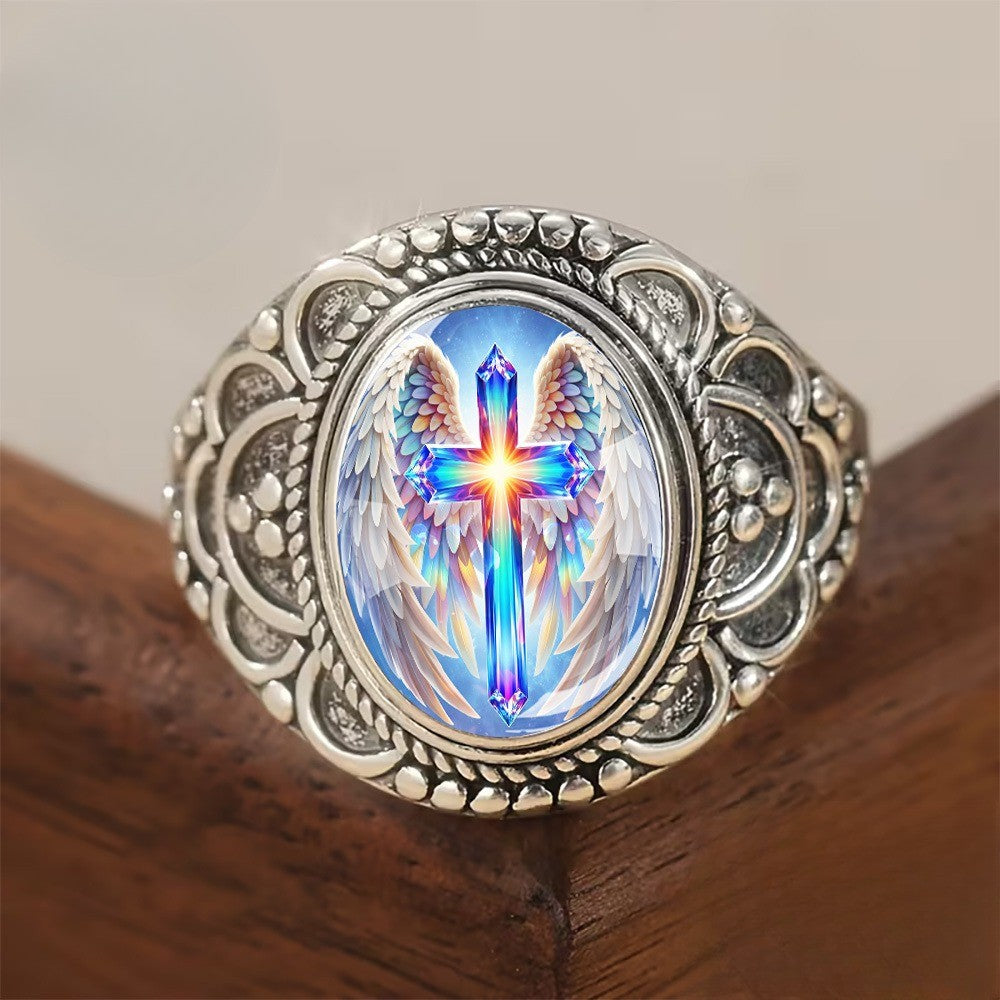 Iridescent Winged Cross Ring
