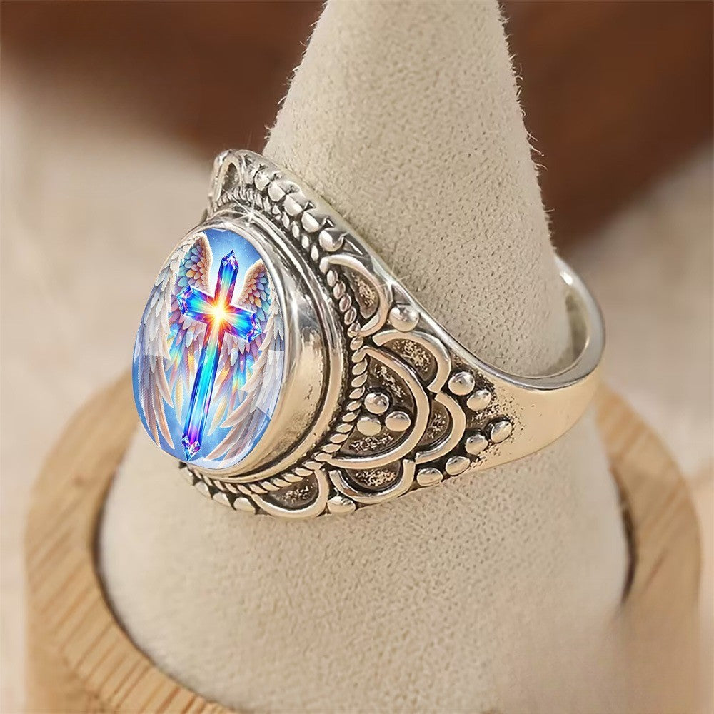 Iridescent Winged Cross Ring