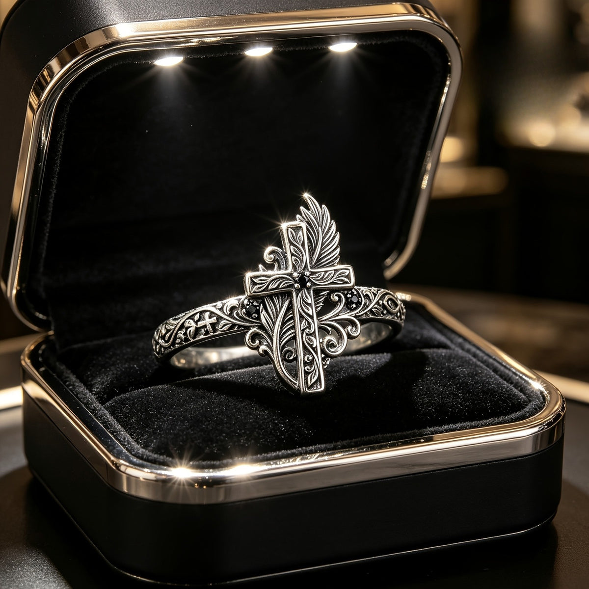 Ornate Cross & Feather Ring
