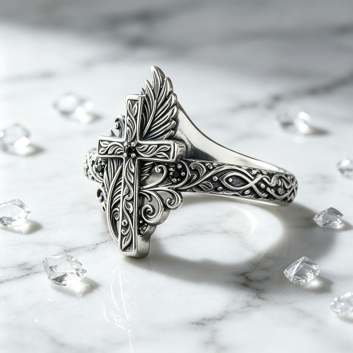 Ornate Cross & Feather Ring