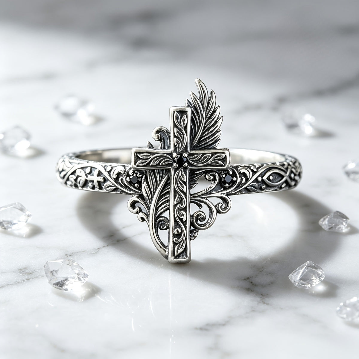 Ornate Cross & Feather Ring