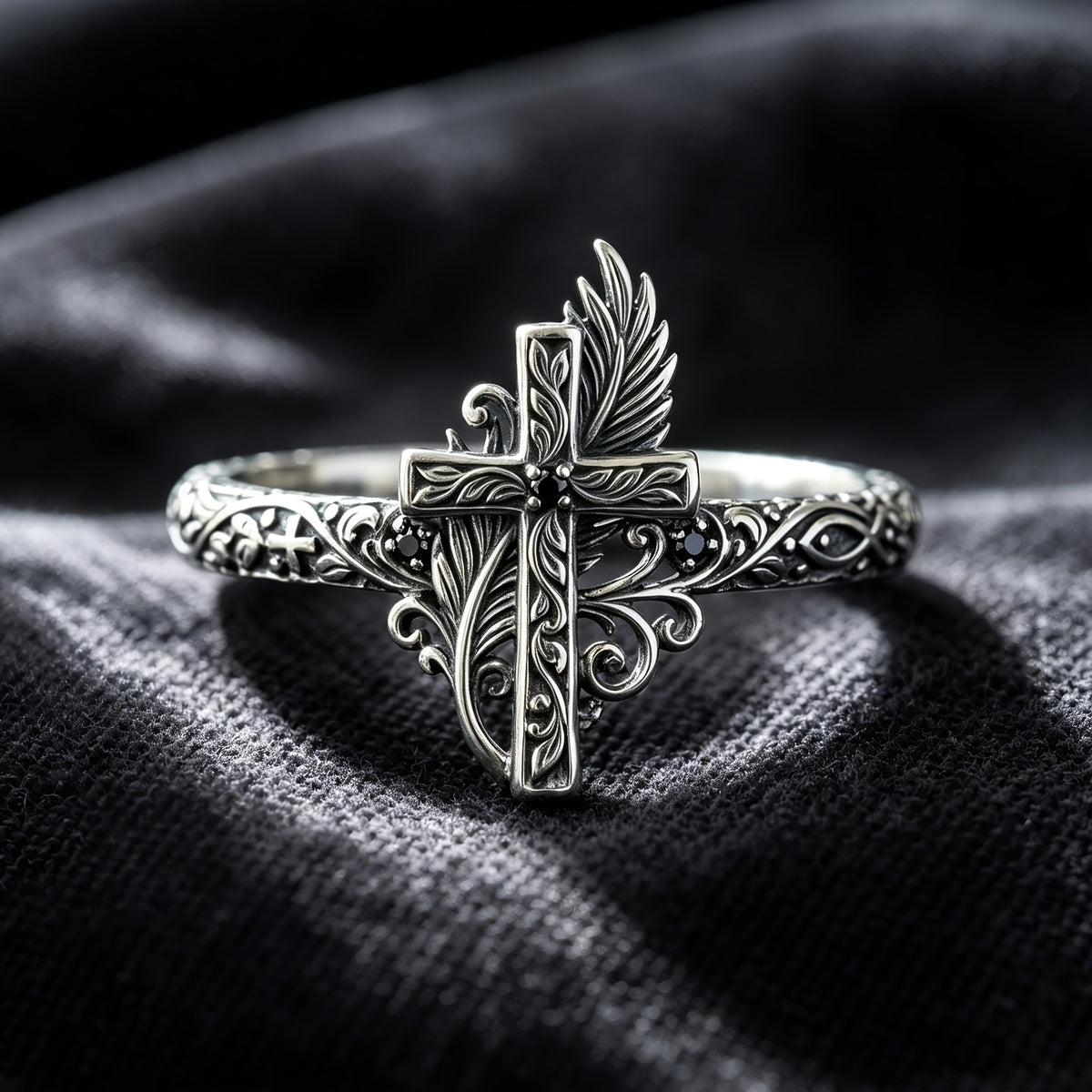 Ornate Cross & Feather Ring