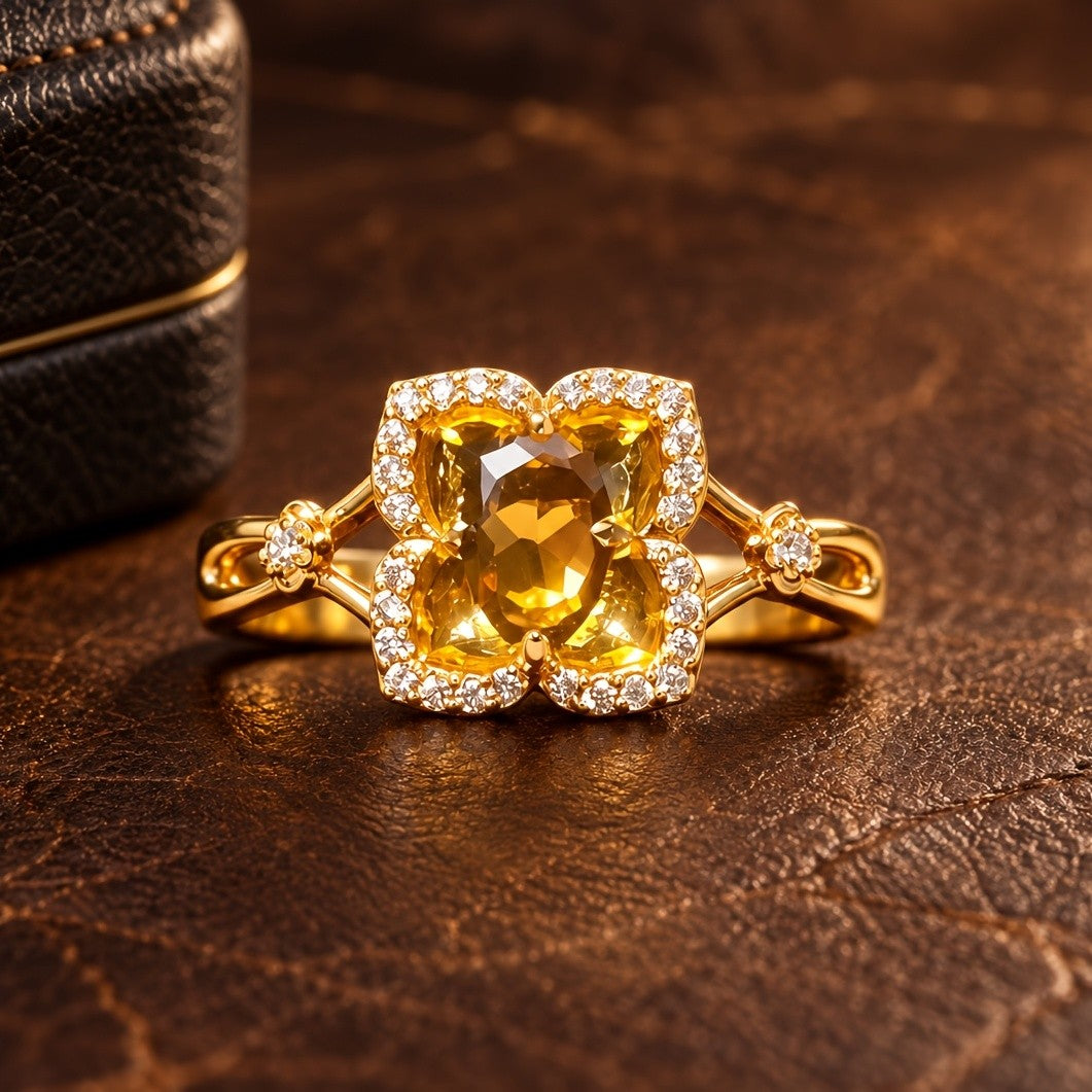 Yellow Crystal Clover Ring