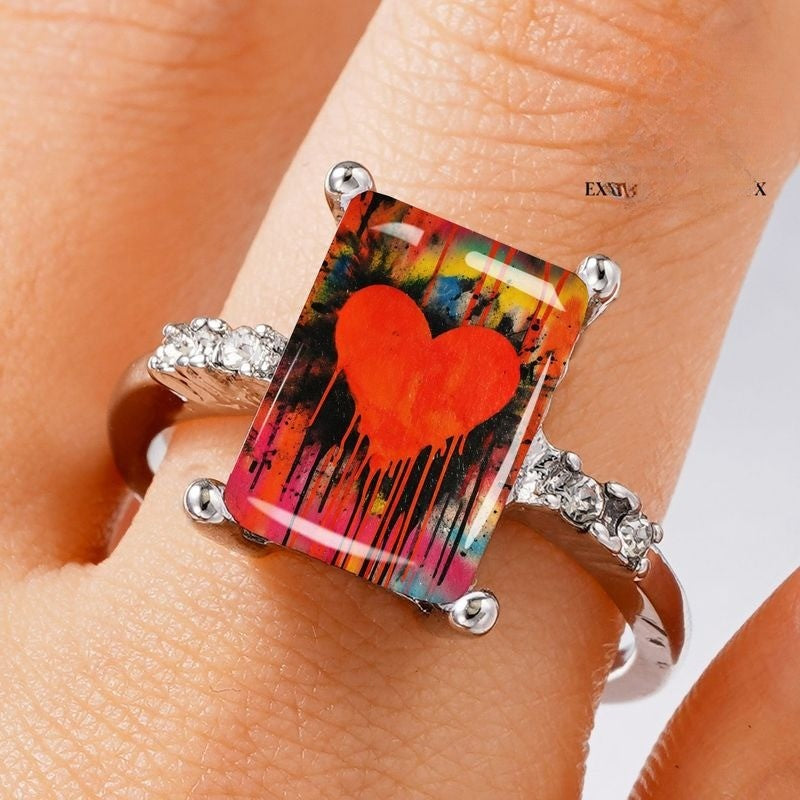 Colorful Drip Heart Rectangular Ring