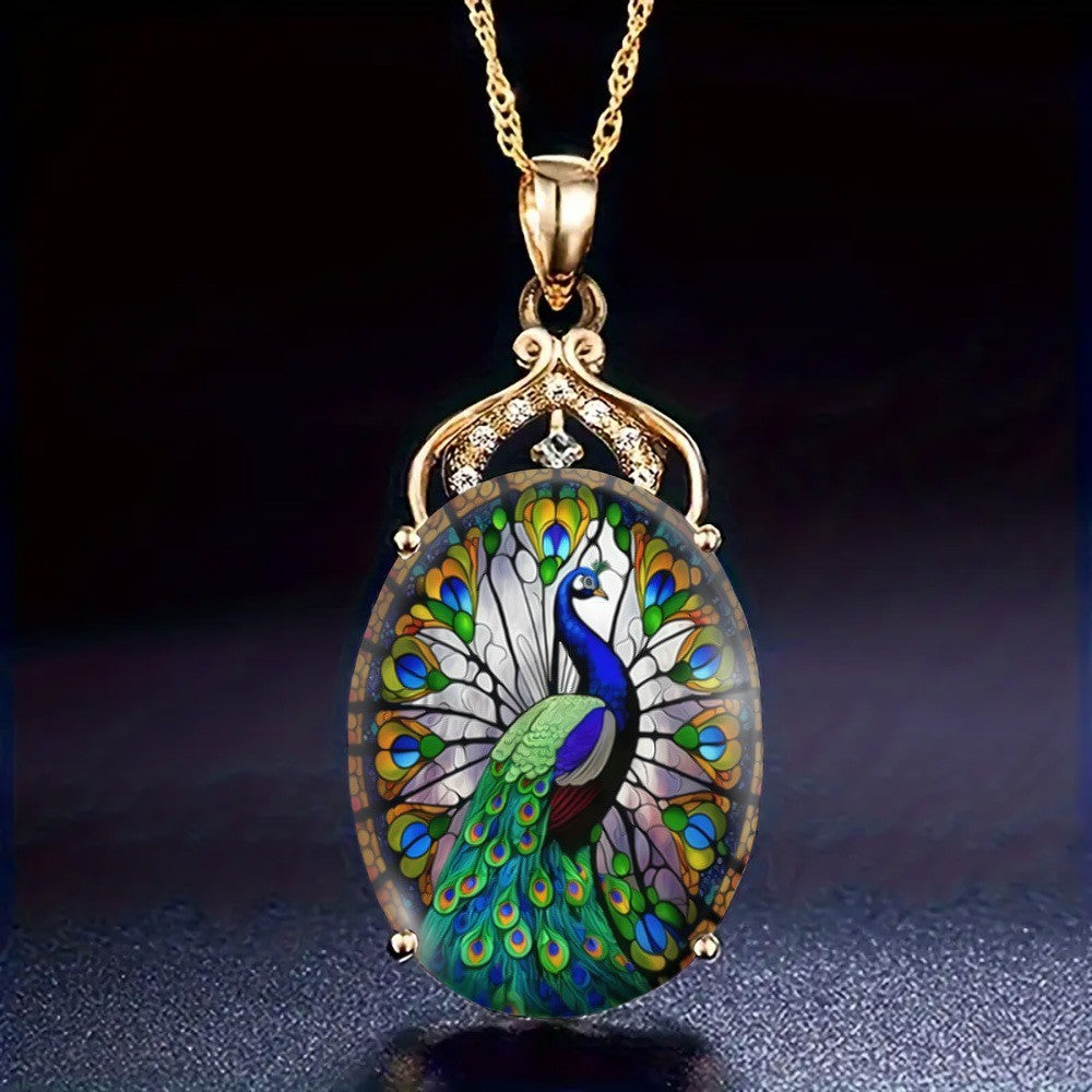 Filigree Peacock Glass Pendant Necklace