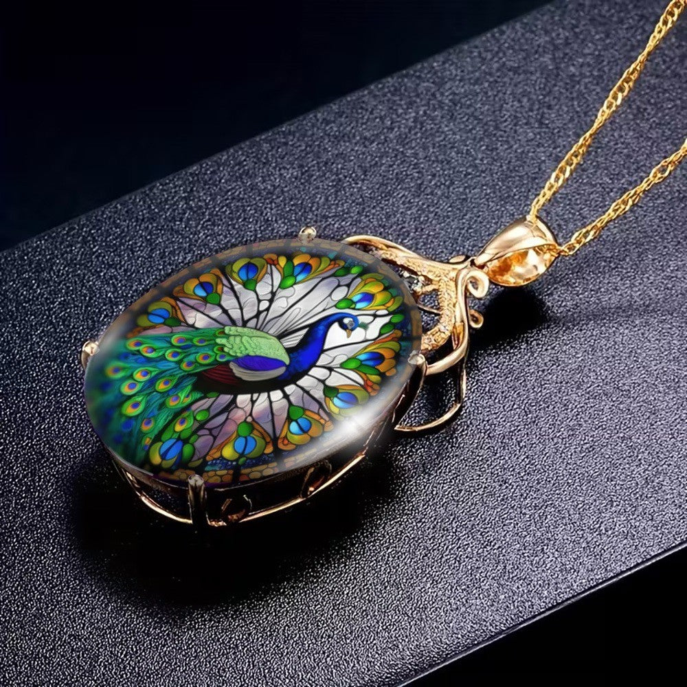 Filigree Peacock Glass Pendant Necklace