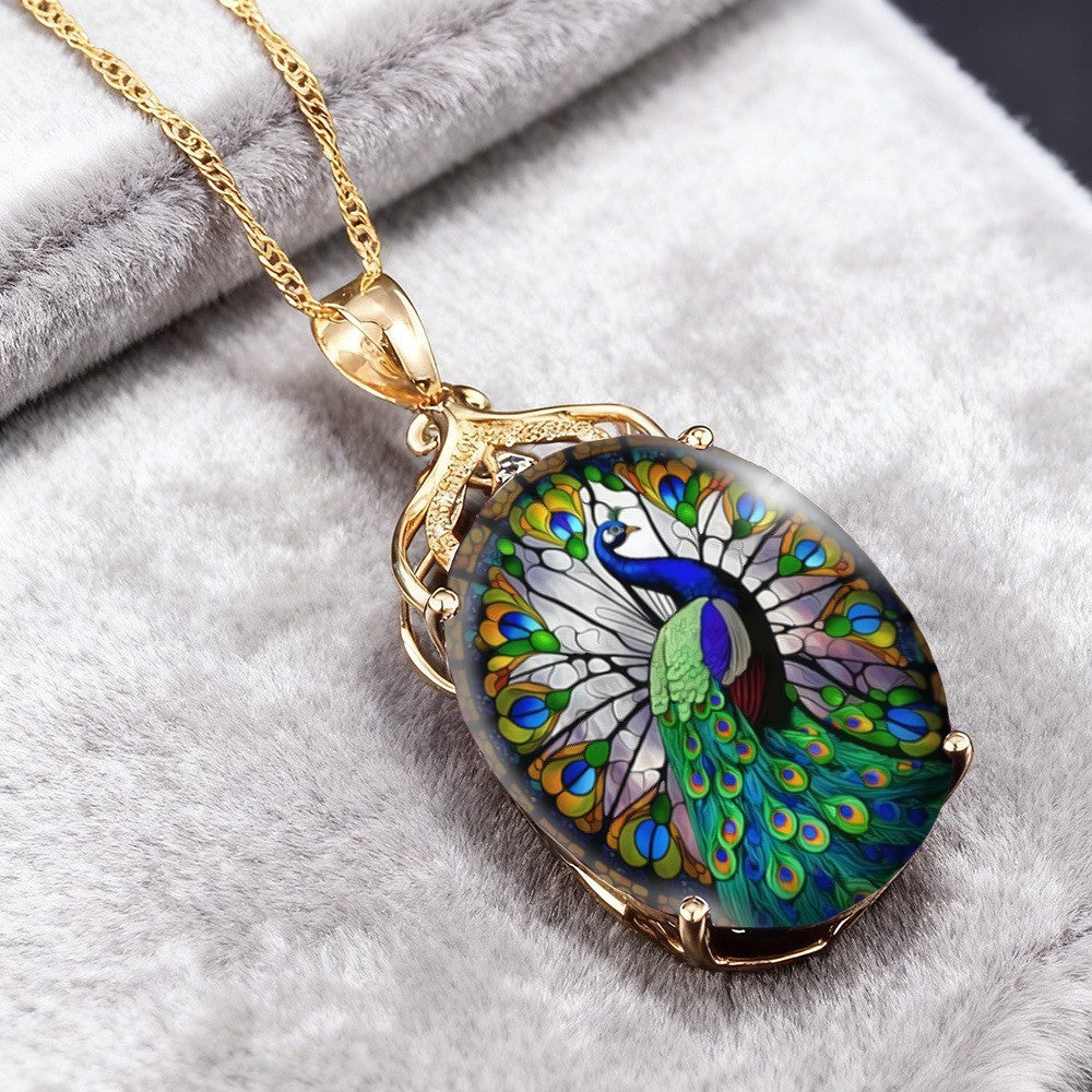 Filigree Peacock Glass Pendant Necklace