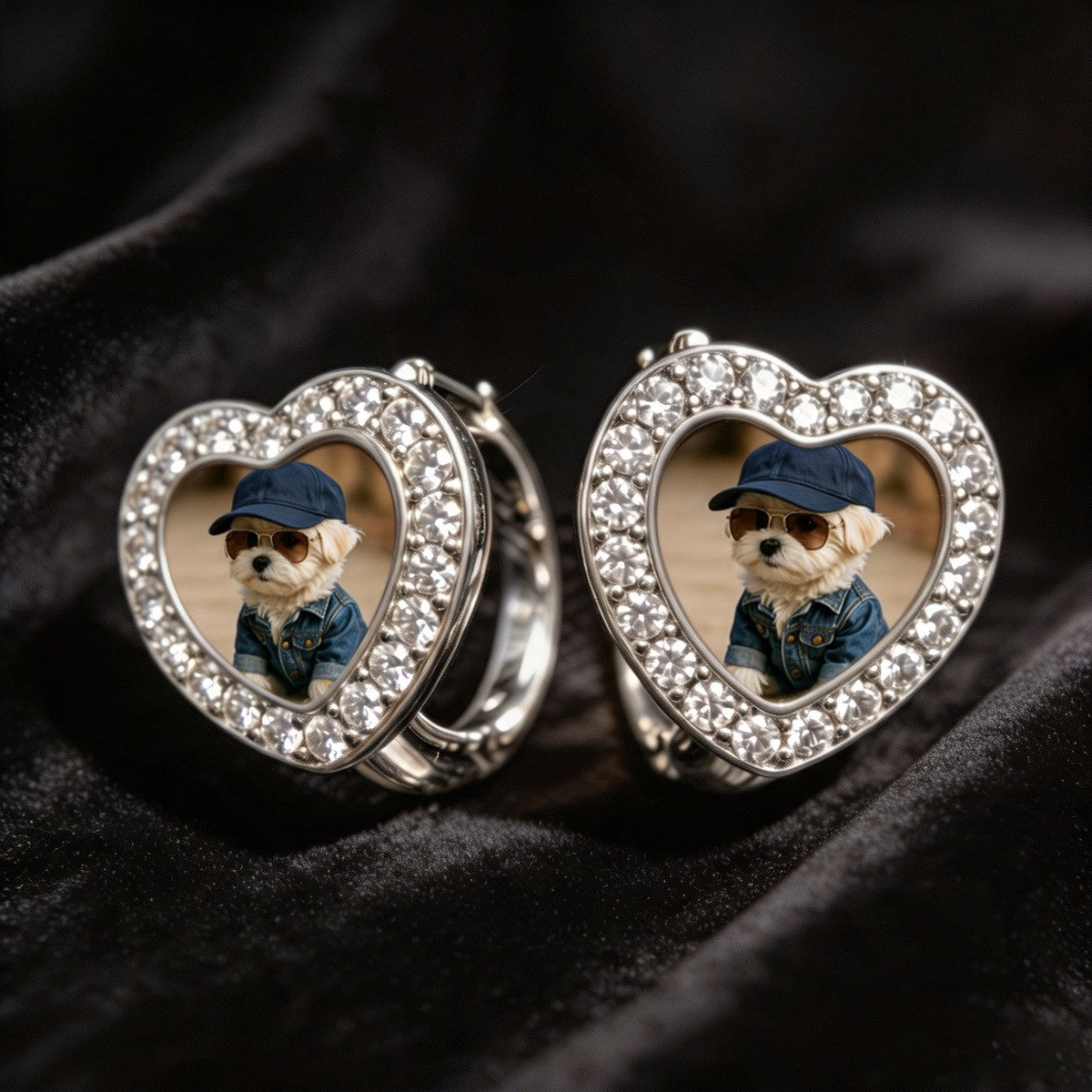 Crystal Heart Denim Puppy Earrings