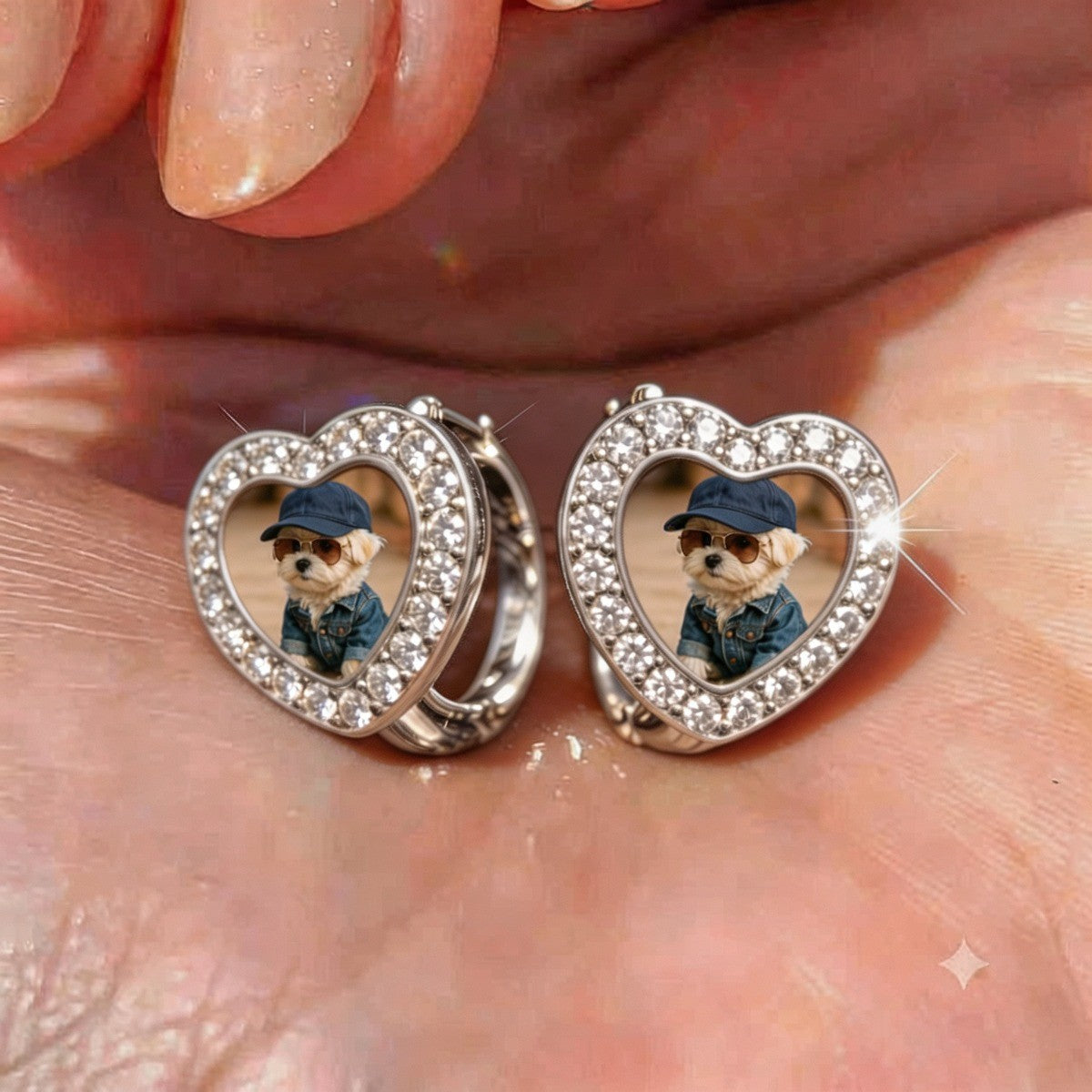 Crystal Heart Denim Puppy Earrings