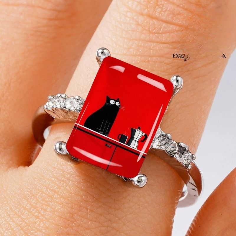 Black Cat Red Rectangle Ring