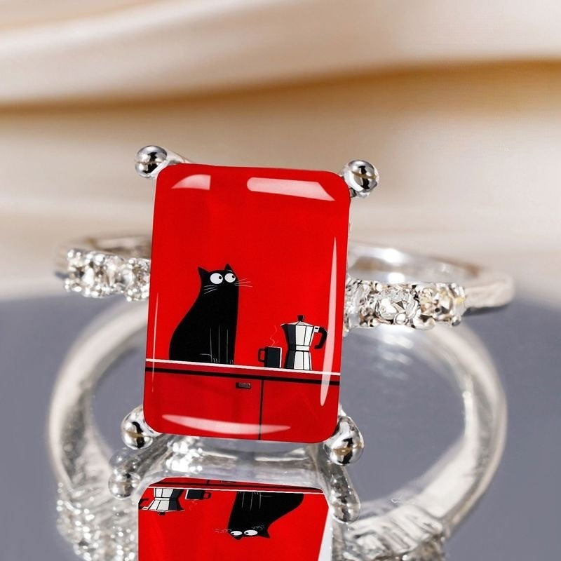 Black Cat Red Rectangle Ring