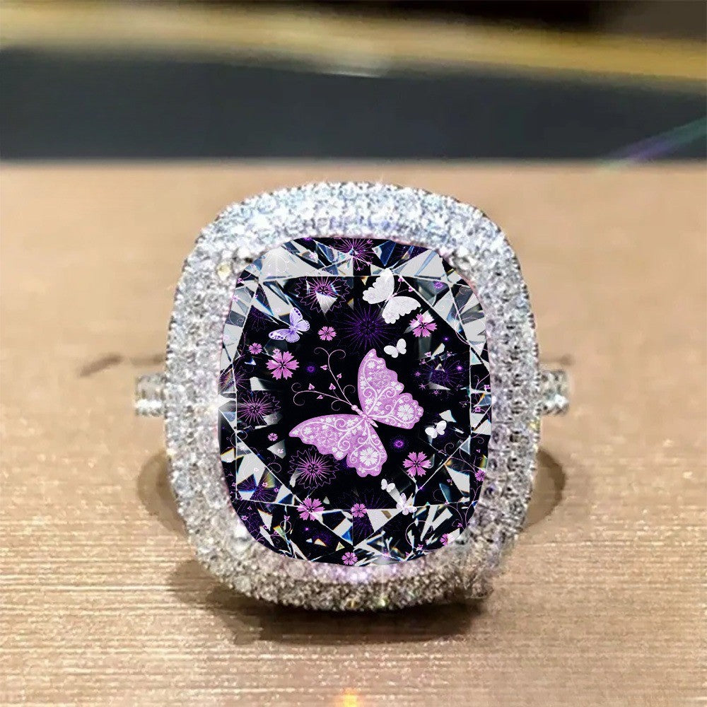 Purple Butterfly Night Square Ring