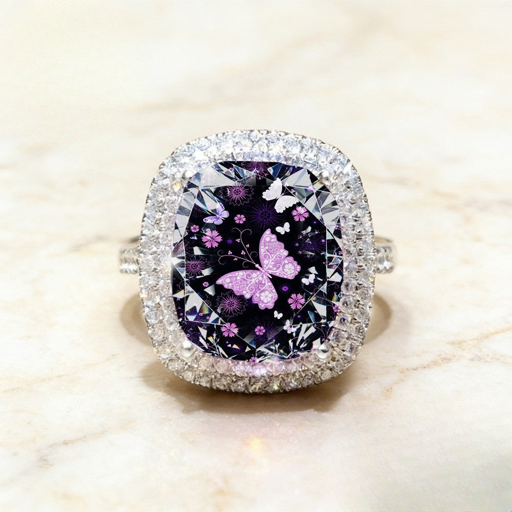 Purple Butterfly Night Square Ring