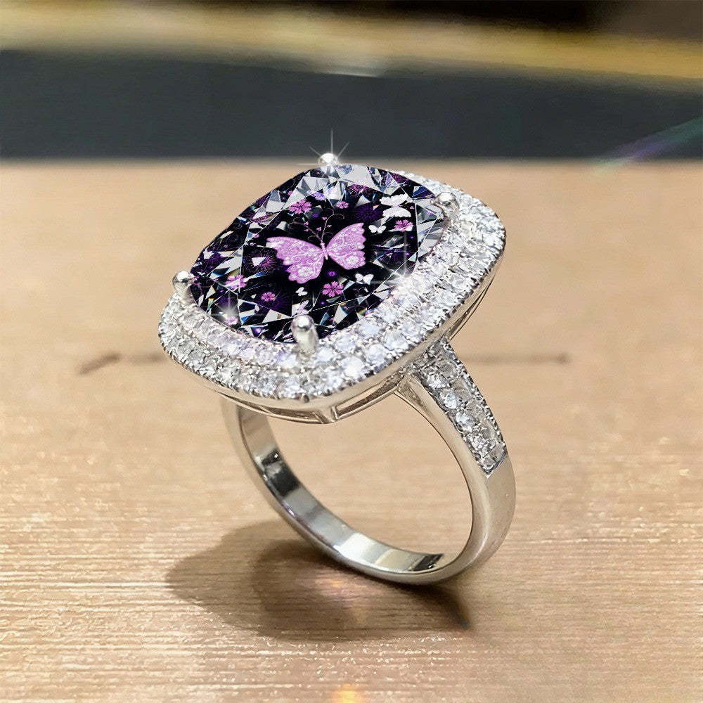Purple Butterfly Night Square Ring