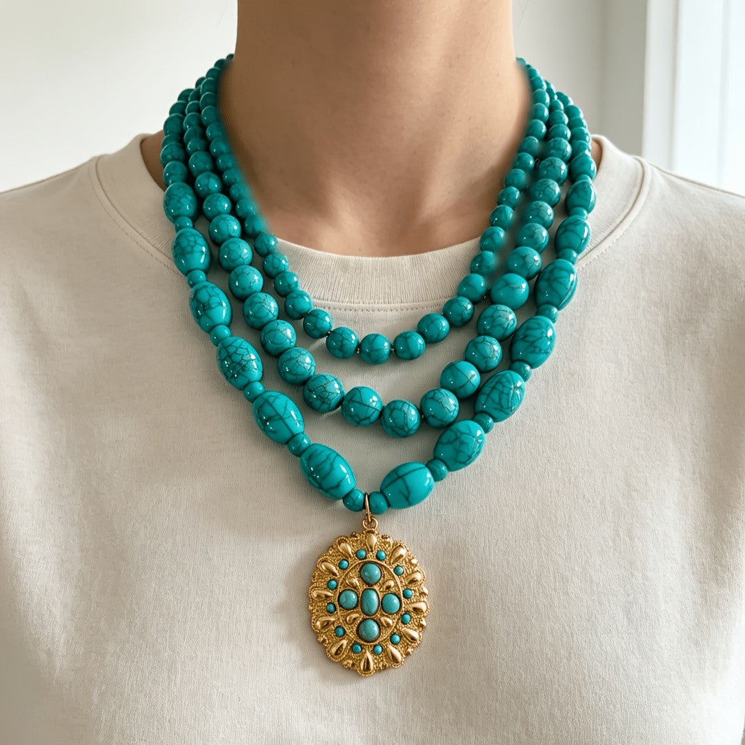 Turquoise Bead Floral Medallion Necklace