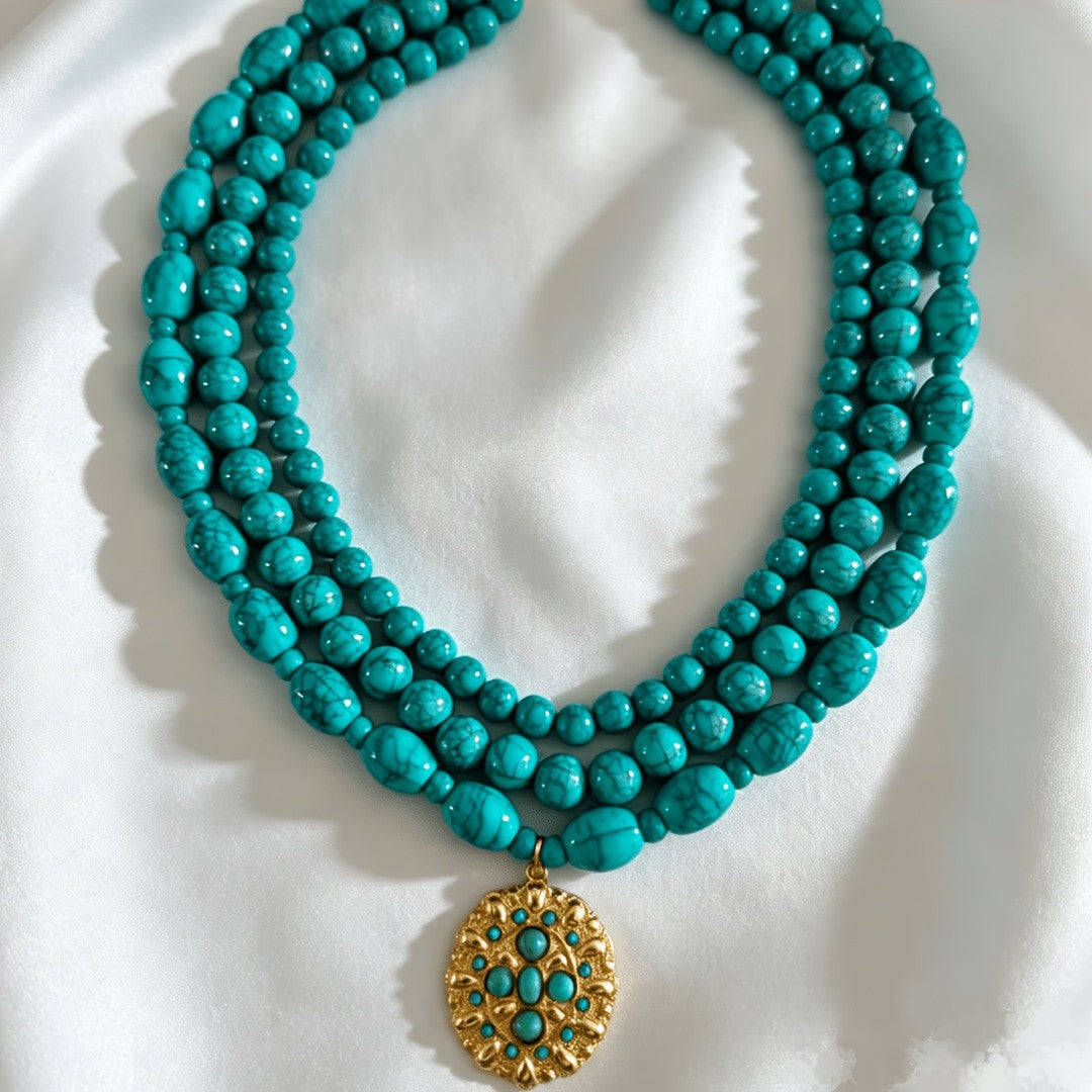 Turquoise Bead Floral Medallion Necklace