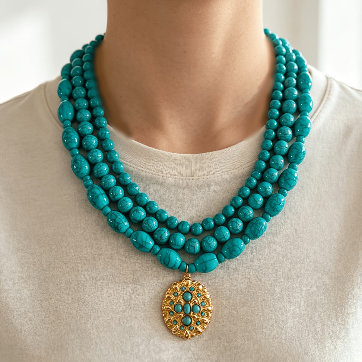 Turquoise Bead Floral Medallion Necklace