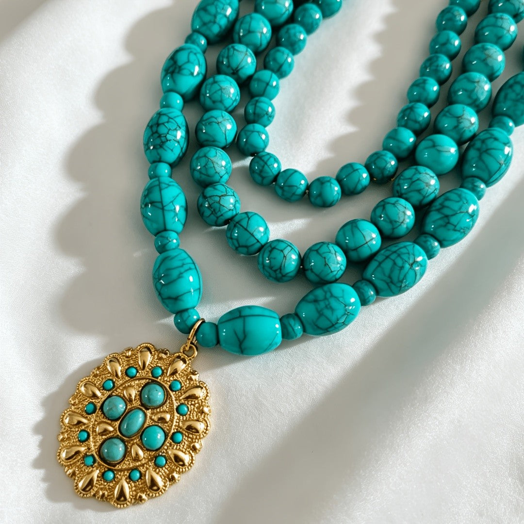 Turquoise Bead Floral Medallion Necklace