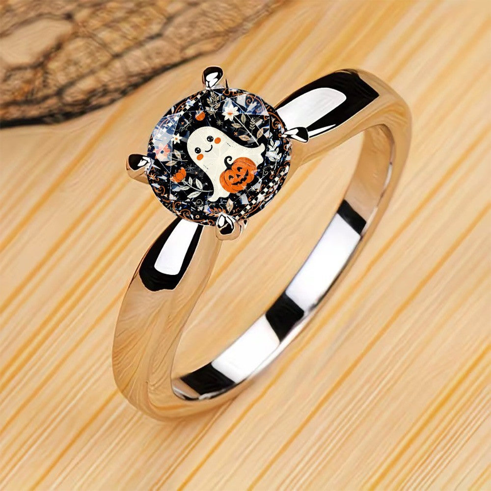 Ghost & Pumpkin Glass Inlay Ring