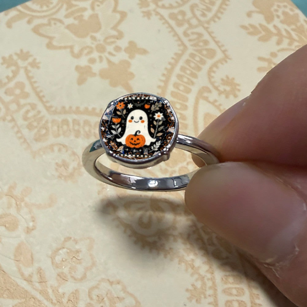 Ghost & Pumpkin Glass Inlay Ring
