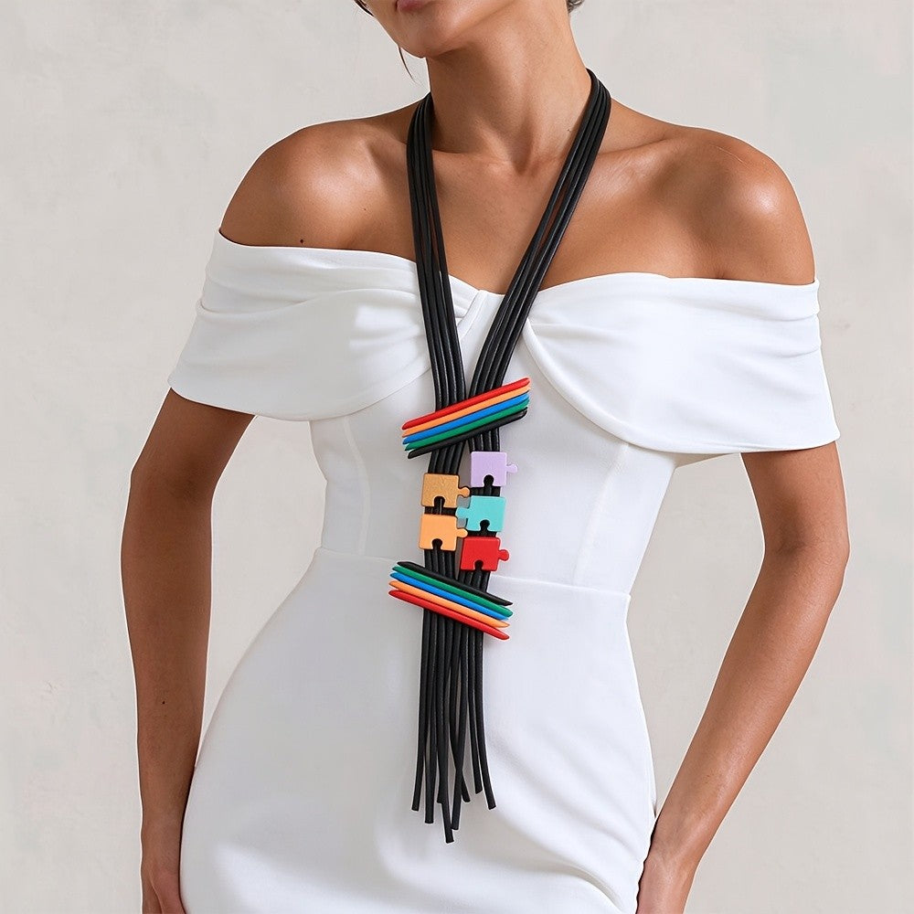 Colorful Puzzle Piece Statement Necklace