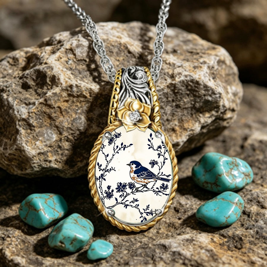 Blue Bird Oval Pendant Necklace
