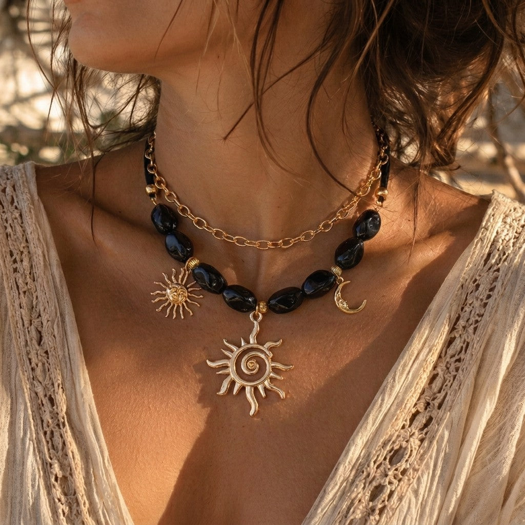 Sun Moon Beaded Layered Necklace Set