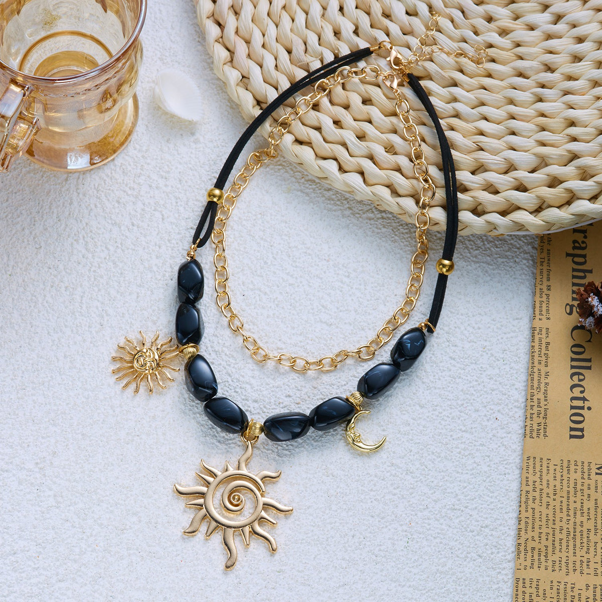 Sun Moon Beaded Layered Necklace Set