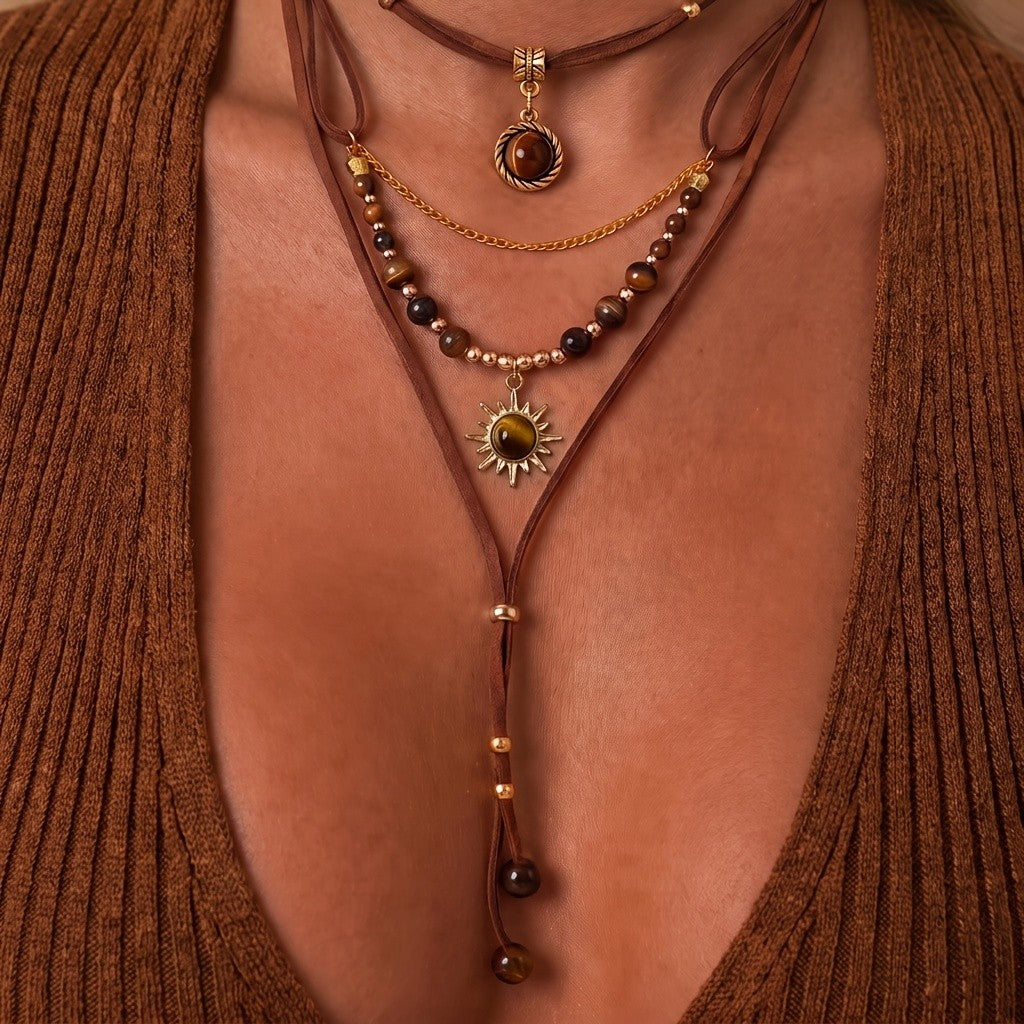 Layered Sun & Tiger Eye Necklace