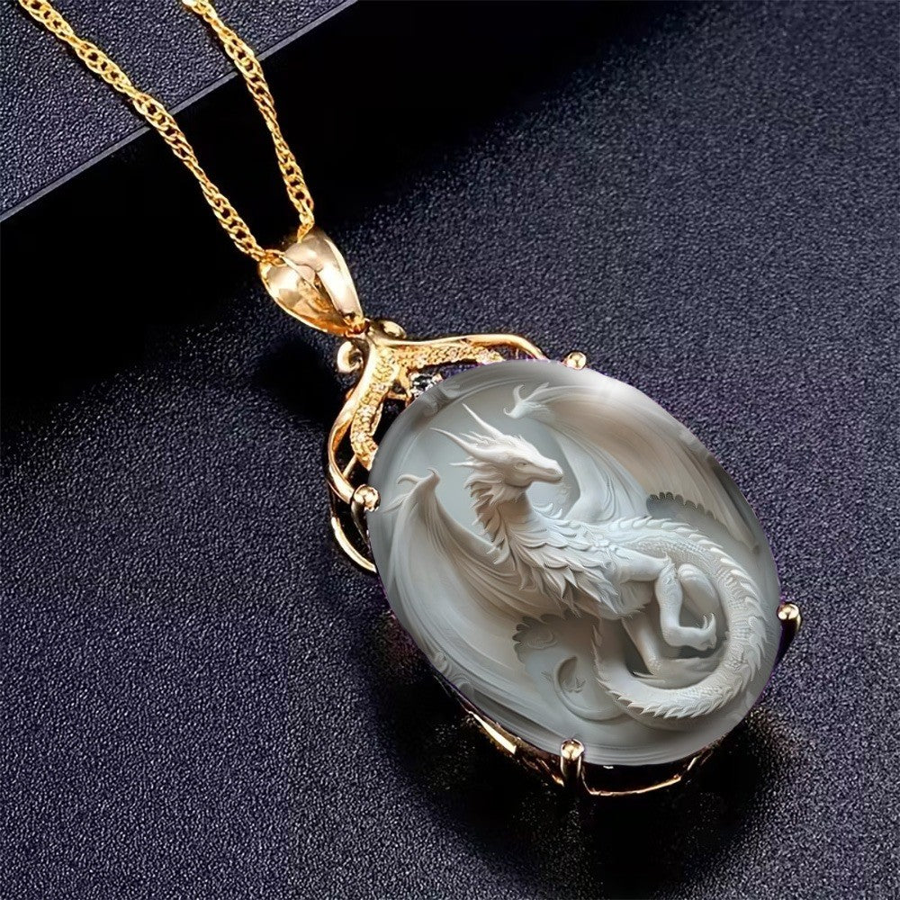 White Dragon Cameo Necklace