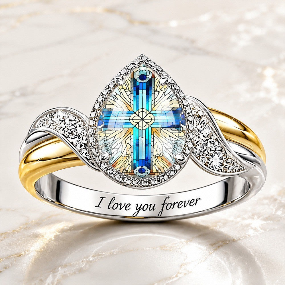 Stained Glass Cross & Wings Ring