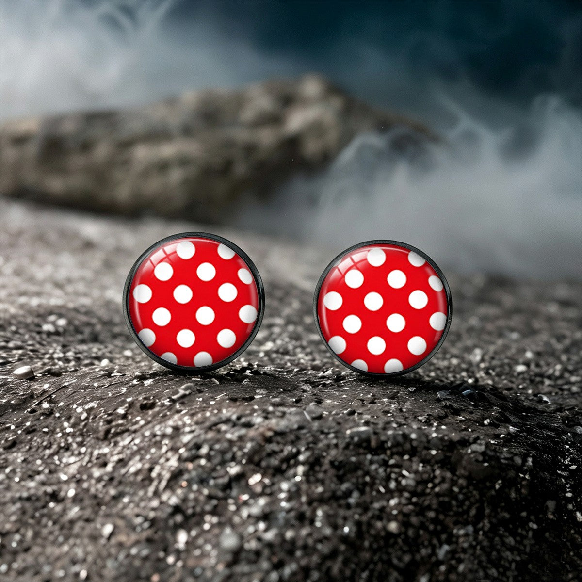 Red Polka Dot Round Stud Earrings